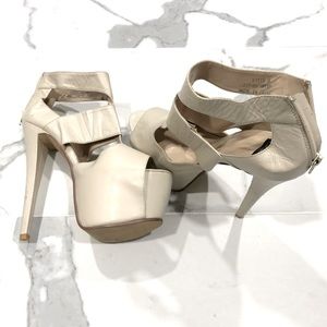 N.Y.L.A. Beige Leather Platform Peep Toe Heel